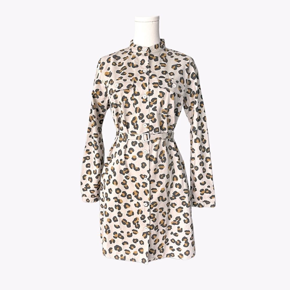 A.P.C. RUE MADAME PARIS NWOT Cotton twill belted shirtdress in Leopard Size L